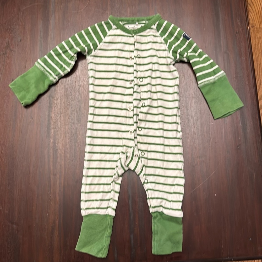 Polarn O Pyret Sweden green and white striped onesie size 2-6M